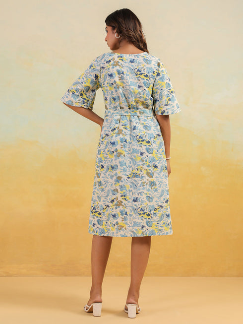 Janasya Women's Off White Linen Cotton Floral Printed A-line Dress